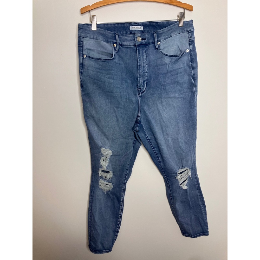 Good American Good Waist Crop Jeans Womens 18 Blue Excellent Distressed Skinny